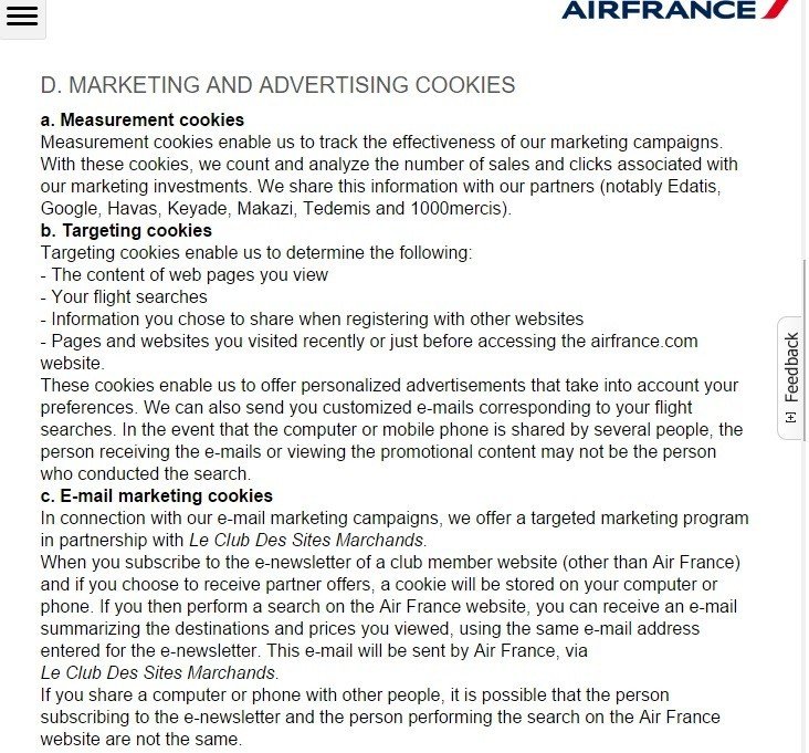 Screenshot of Privacy Policy from AirFrance on Marketing, Advertising Cookies