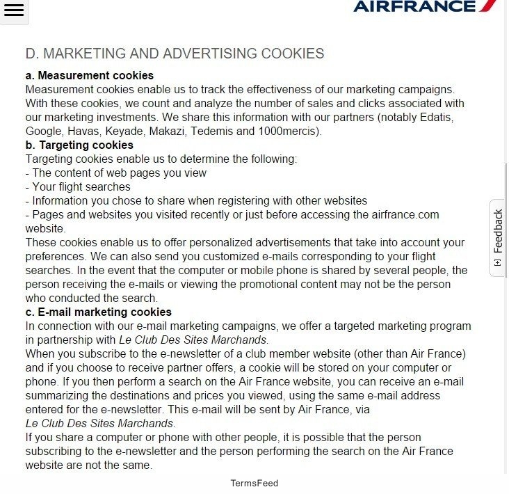 Screenshot of Privacy Policy from AirFrance on Marketing, Advertising Cookies