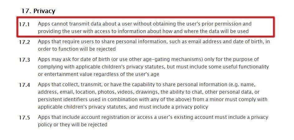 Apple App Store Review Guidelines: Section 17 on Privacy