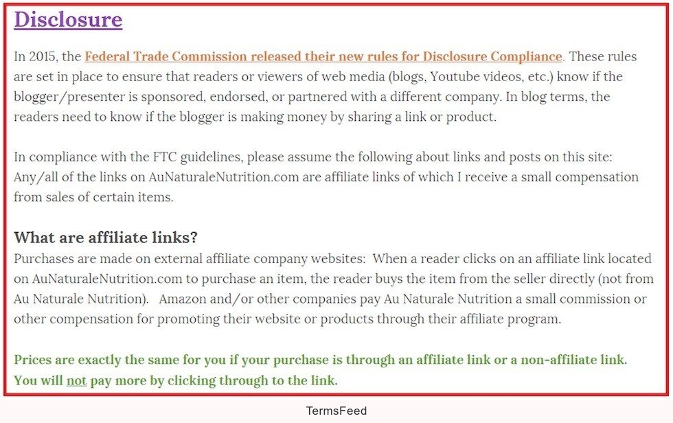 Au Naturale Nutrition: Disclosure as required by the FTC