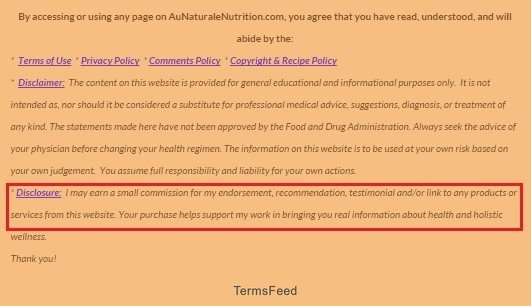Screenshot of Au Naturale Nutrition website footer