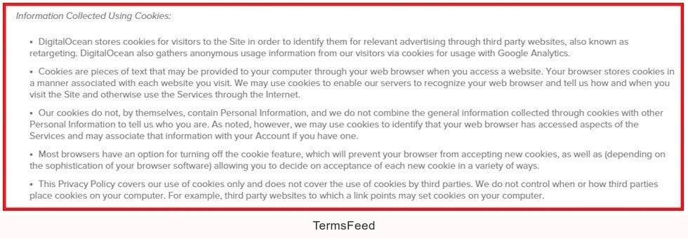 Digital Ocean: Information Collected Using Cookies clause