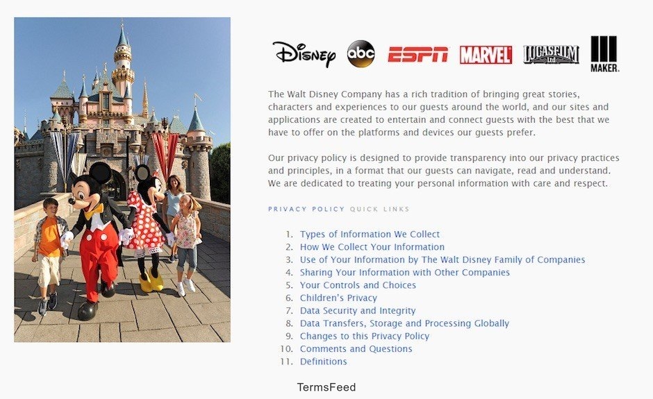 Screenshot of Disney Privacy Policy