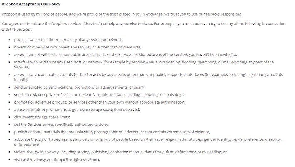 Screenshot of Dropbox Acceptable Use Policy