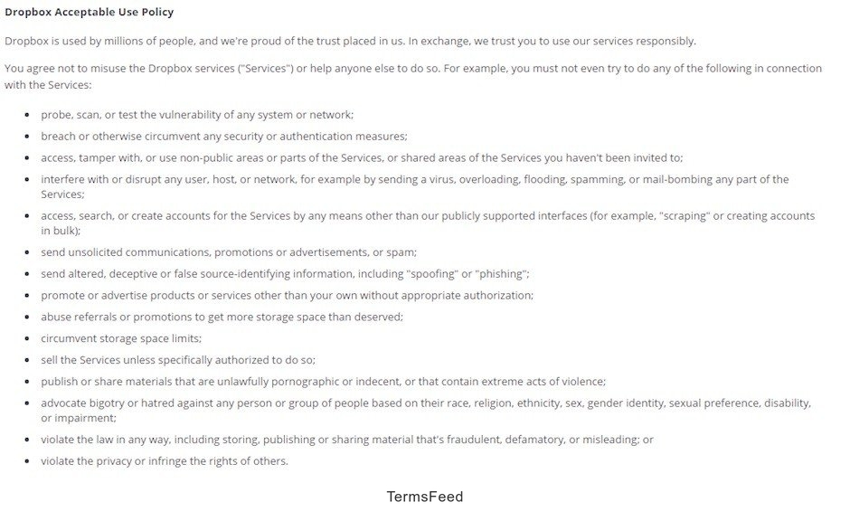 Screenshot of Dropbox Acceptable Use Policy