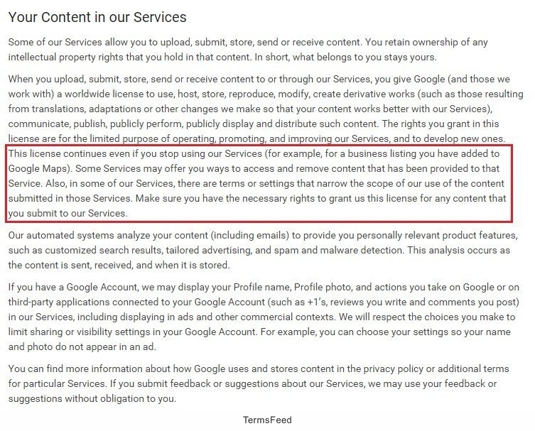 Google: Your Content and Conduct in Terms agreement