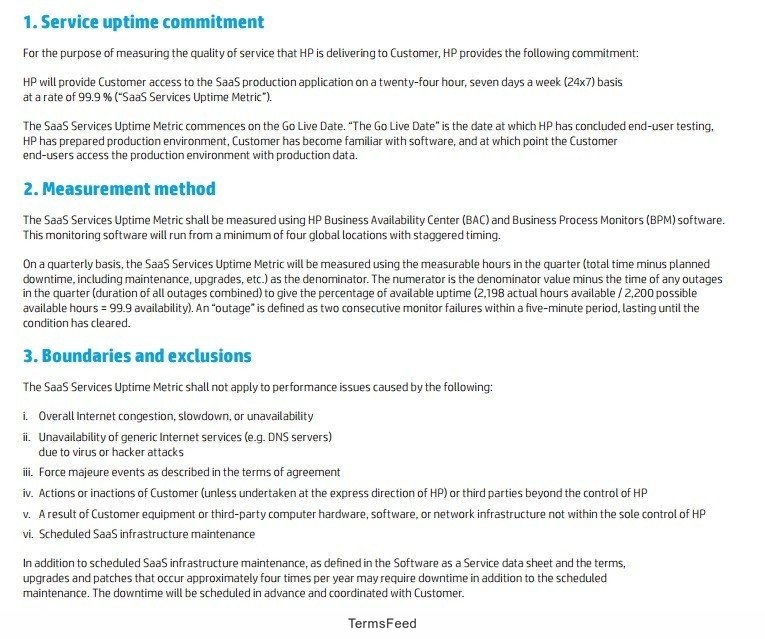 Screenshot of Service Uptime clause from HP SLA