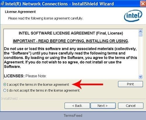 Intel InstallShield Wizard: Accept License Agreement