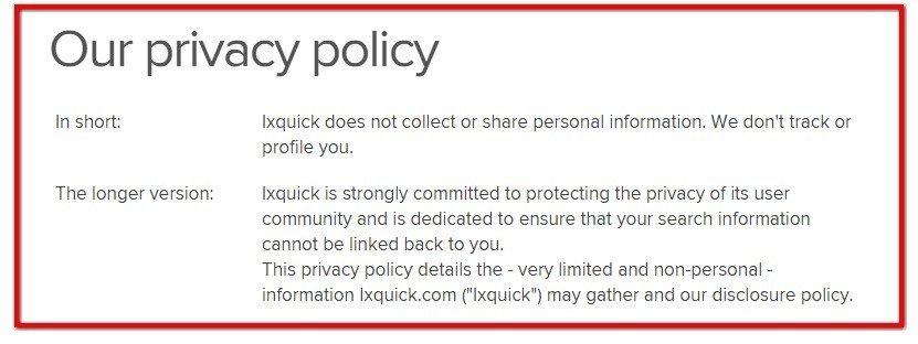 Screenshot of ixquick Privacy Policy page