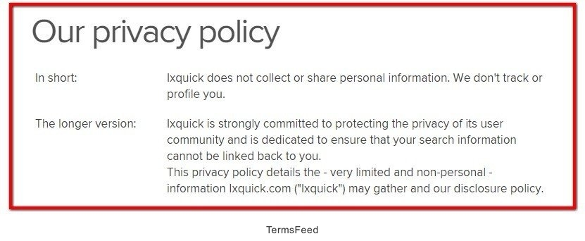 Screenshot of ixquick Privacy Policy page