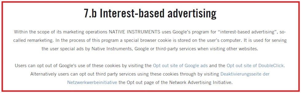 Native Instruments: Example of Interest-based advertising clause