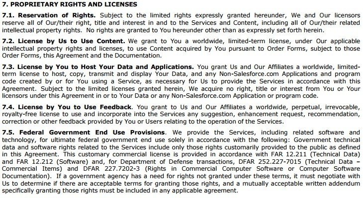 Salesforce Master Subscription Agreement: Proprietary Rights clause