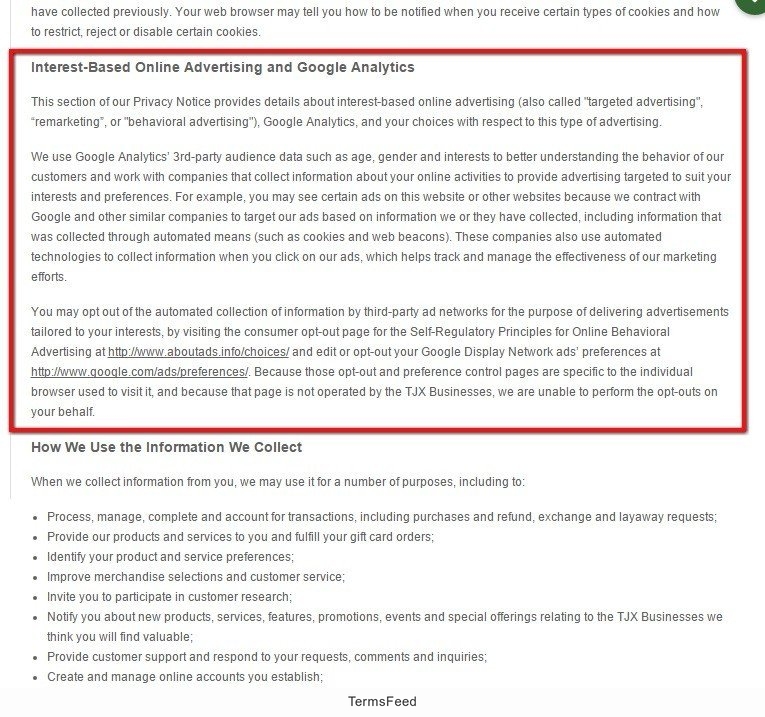 Sierra Trading Post Privacy Policy: Section on Interest-Based Ads