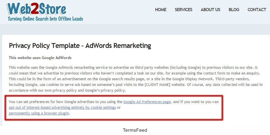 Web2Store: Example of opt-out information