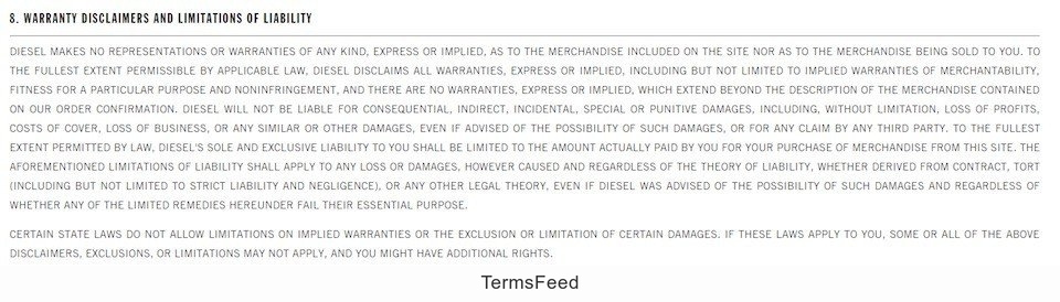 Diesel Terms of Sale: Warranty Disclaimer Clause