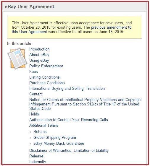 Table of Contents of eBay User Agreement