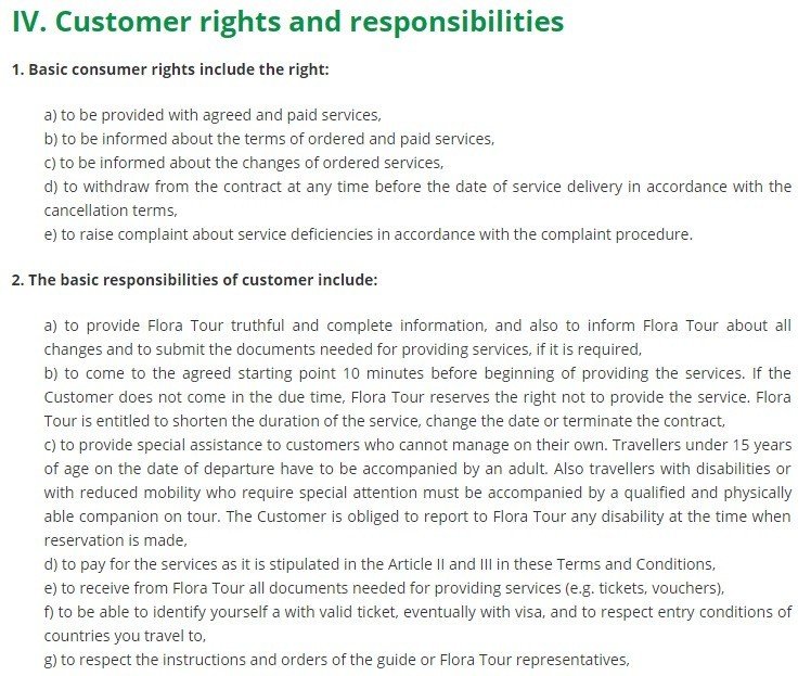 Flora Tour Terms and Conditions: Customer Rights, Responsibilities Clause
