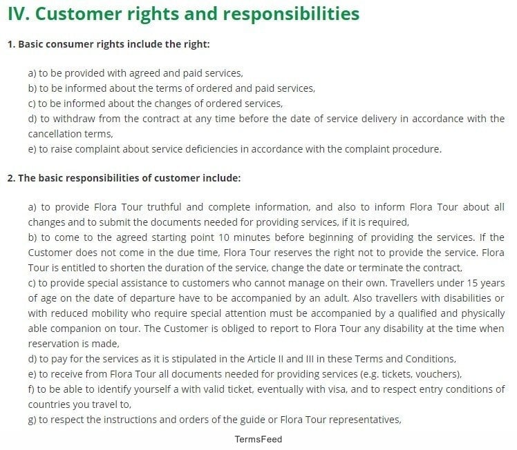 Flora Tour Terms and Conditions: Customer Rights, Responsibilities Clause