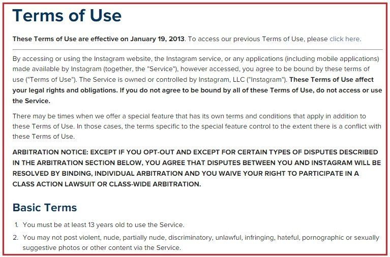 Screenshot of Instagram Terms of Use