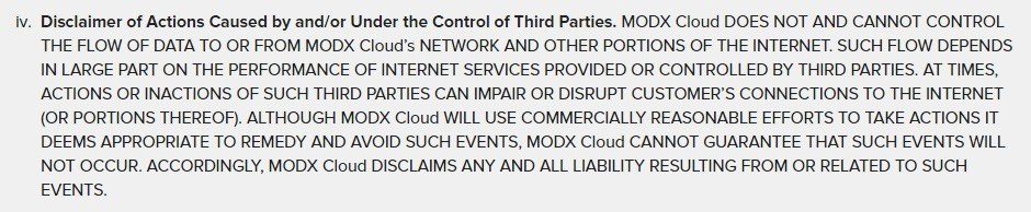 SLA of MODX Cloud: Disclaimer on third parties