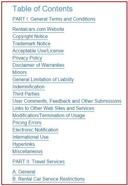 Table of Contents on RentalCars Terms &amp; Conditions