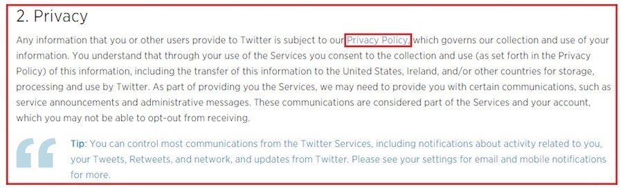 Privacy Section in Twitter Terms of Service