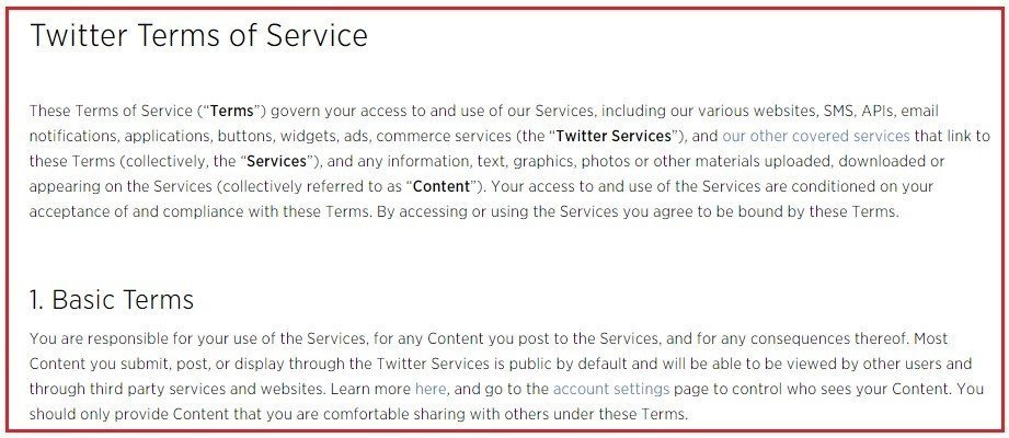 Screenshot of Twitter Terms of Service page