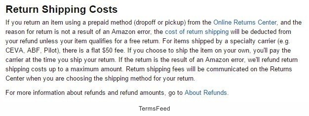 Screenshot of Return Shipping Costs section from Amazon