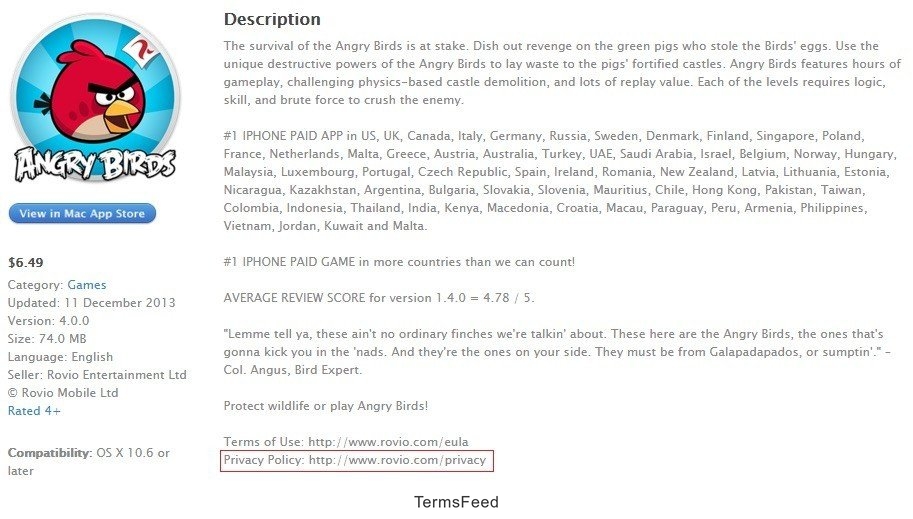 Screenshot of AngryBirds Apple App Store description page