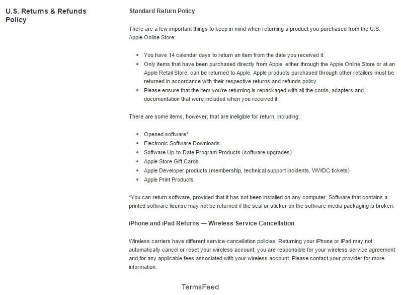 Screenshot of Apple US Store on Returns and Refunds