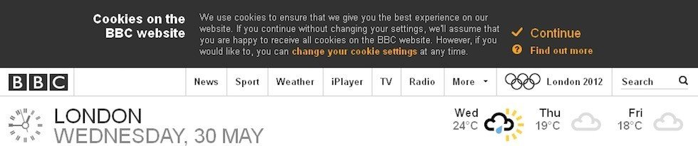 Example of Top Banner Pop-up from BBC on Cookies