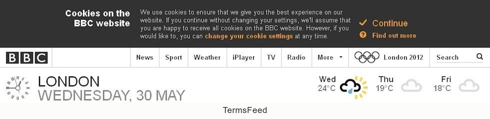 Example of Top Banner Pop-up from BBC on Cookies