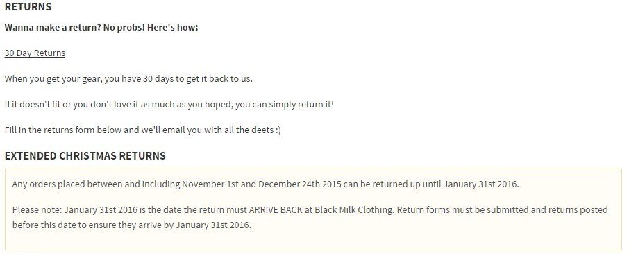 Screenshot of Blackmilk Clothing Returns Policy