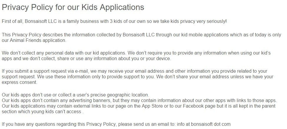 Bonsaisoft: Privacy Policy for our Kids Applications