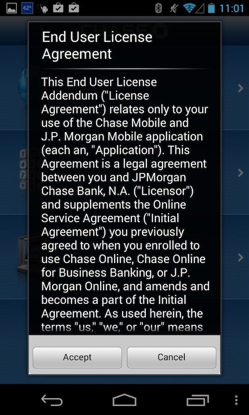 Accept or cancel Chase Mobile Banking app agreement