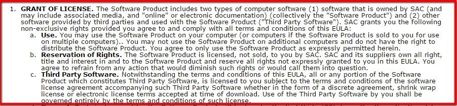 Grant of license clause in EULA of Clickfree Software