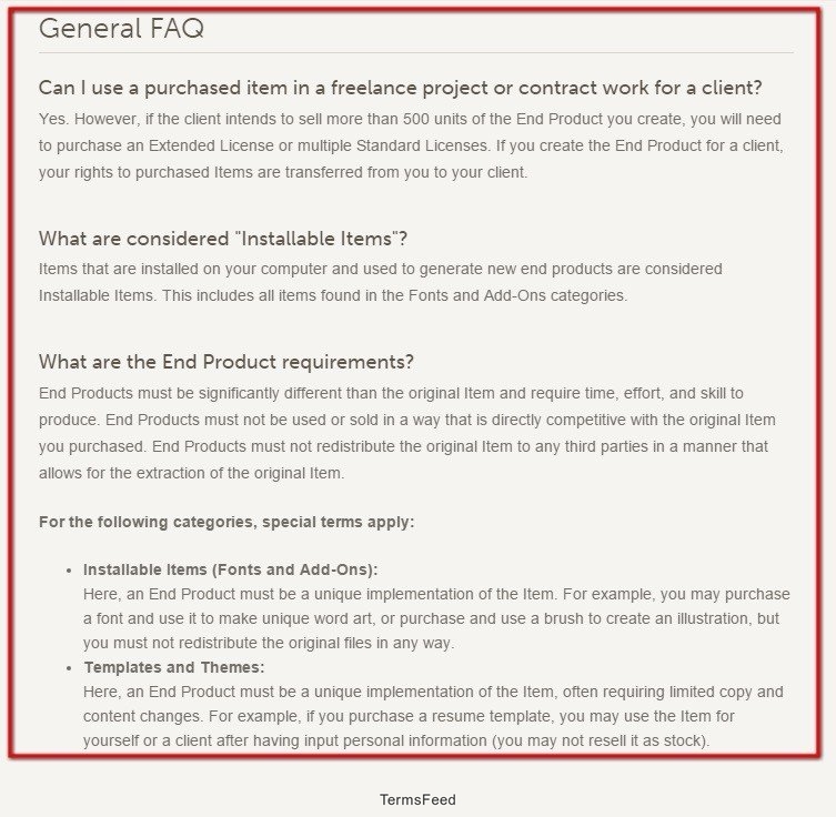 Screenshot of General FAQ from Creative Market