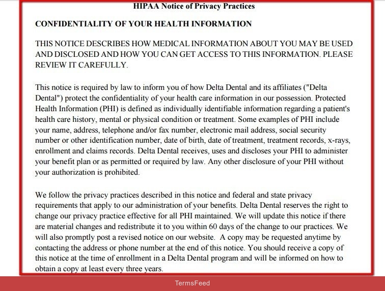 Introduction clause from HIPAA Notice of Delta Dental