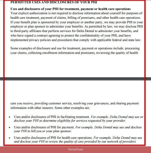 Permitted Uses clauses from HIPAA Notice of Delta Dental