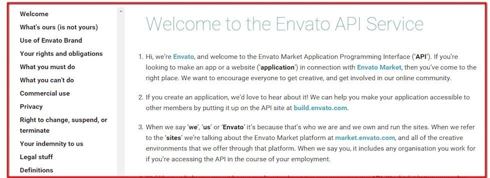 Screenshot of API Terms agreement from Envato Market