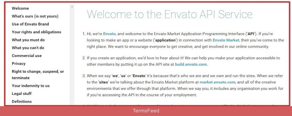 Screenshot of API Terms agreement from Envato Market