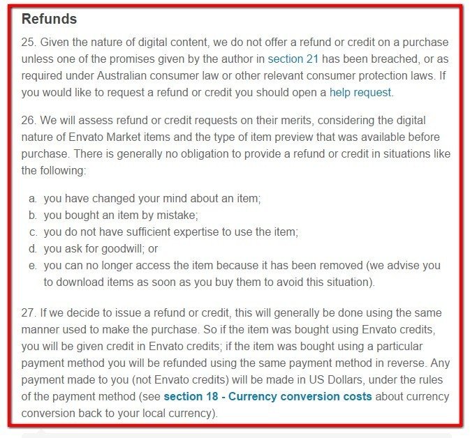 Envato Market, Themeforest: Refunds section (25 to 27)