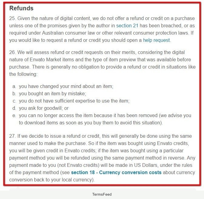Envato Market, Themeforest: Refunds section (25 to 27)