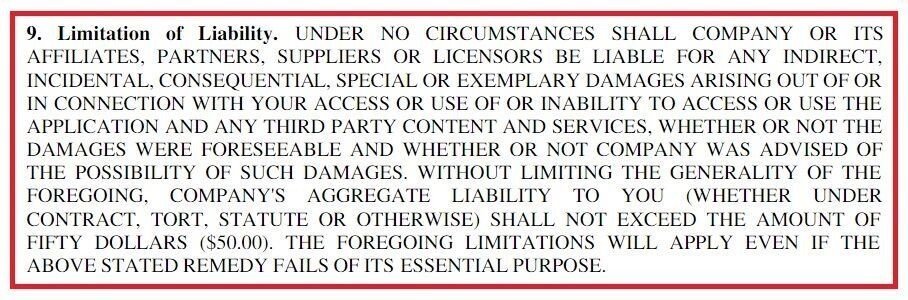 Example of Limitation of Liability clause in EULA