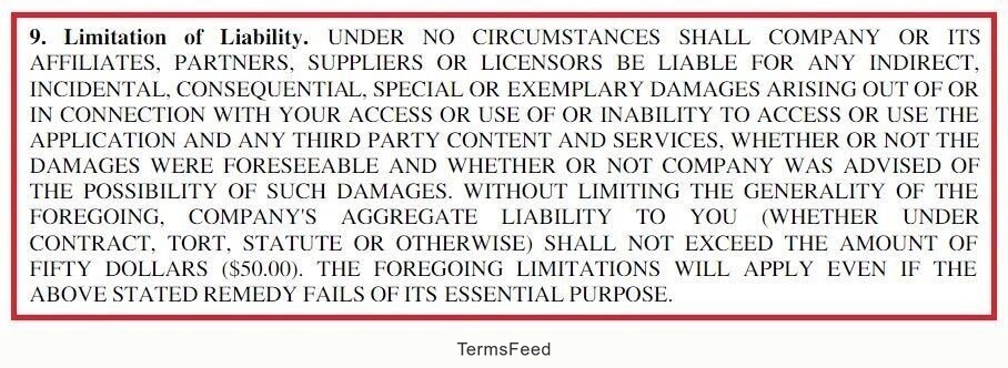 Example of Limitation of Liability clause in EULA