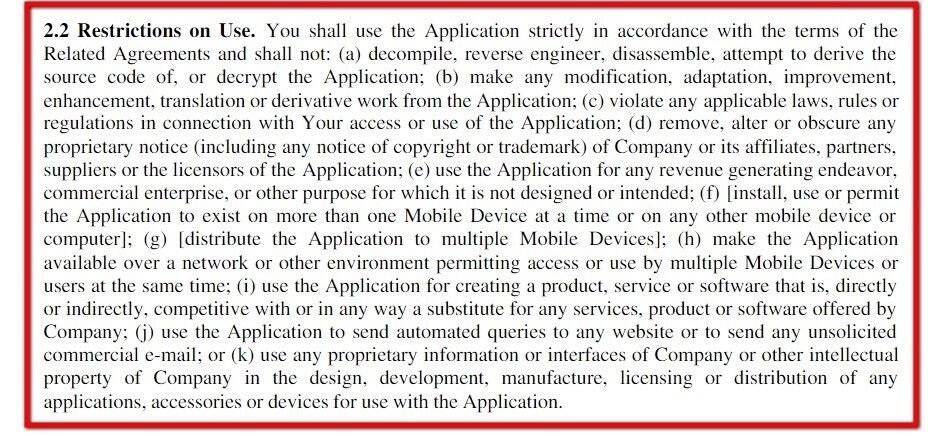 Example of Restrictions of Use clause in EULA