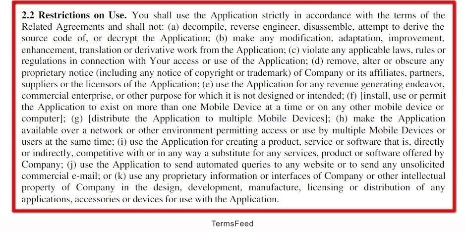 Example of Restrictions of Use clause in EULA