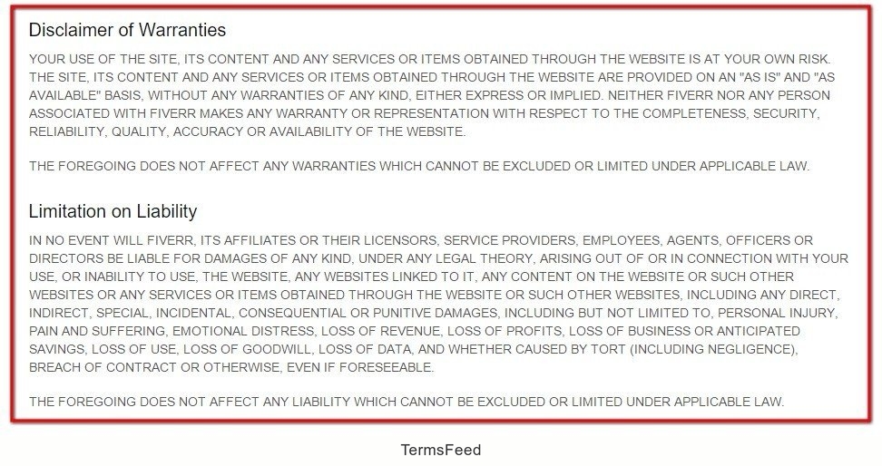 Disclaimer of Warranties and Limitation of Liability in Fiverr agreement