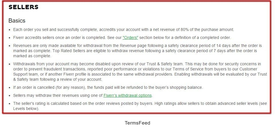 Sellers section clause in Terms of Service of Fiverr