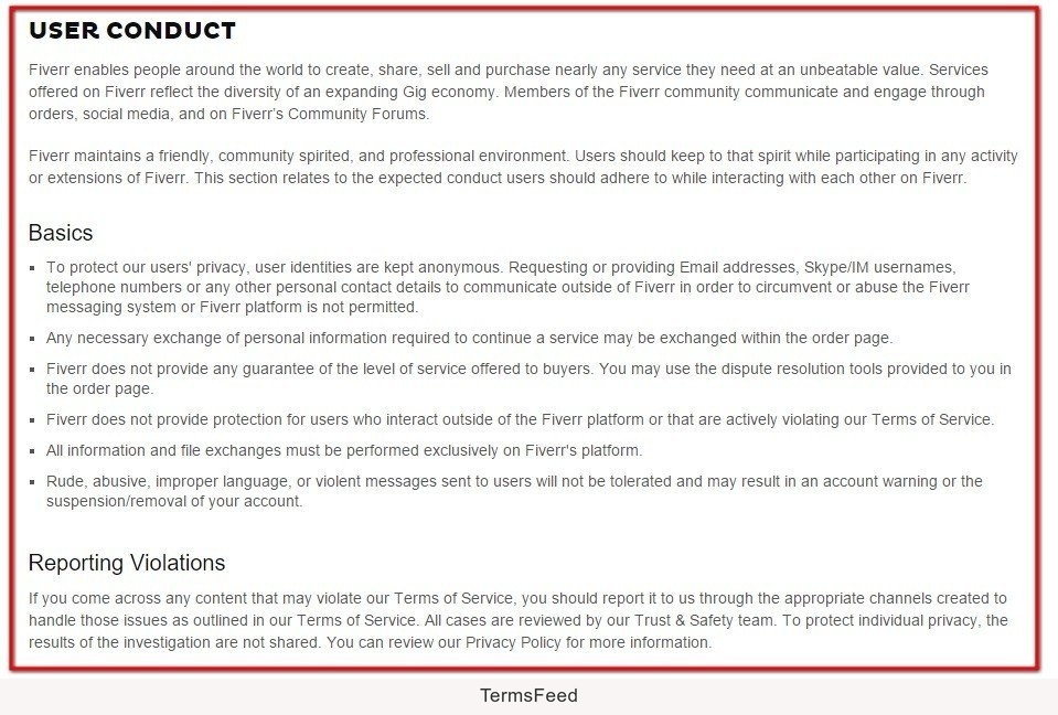 User Conduct section clause in Terms of Service of Fiverr